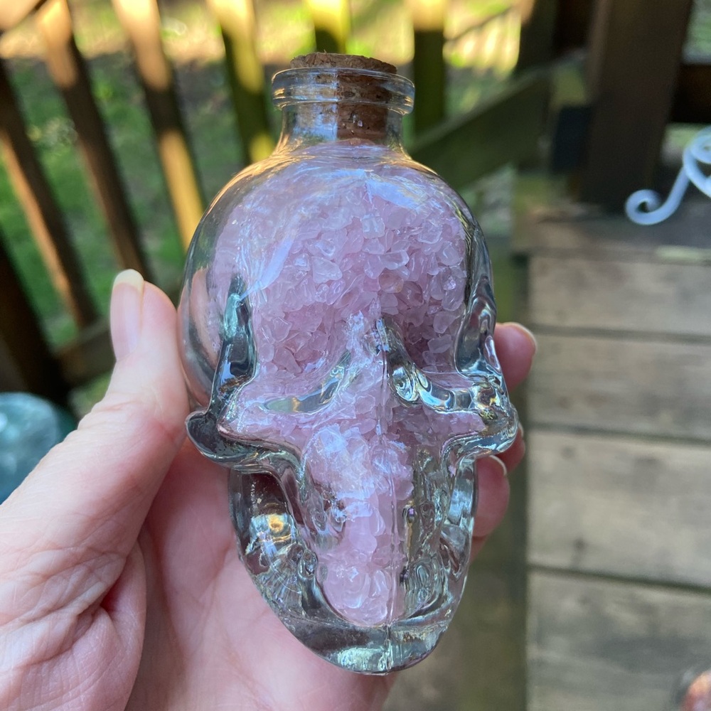 NEW Rose Quartz Skull Head Jar with Pink Rose Quartz Crystals